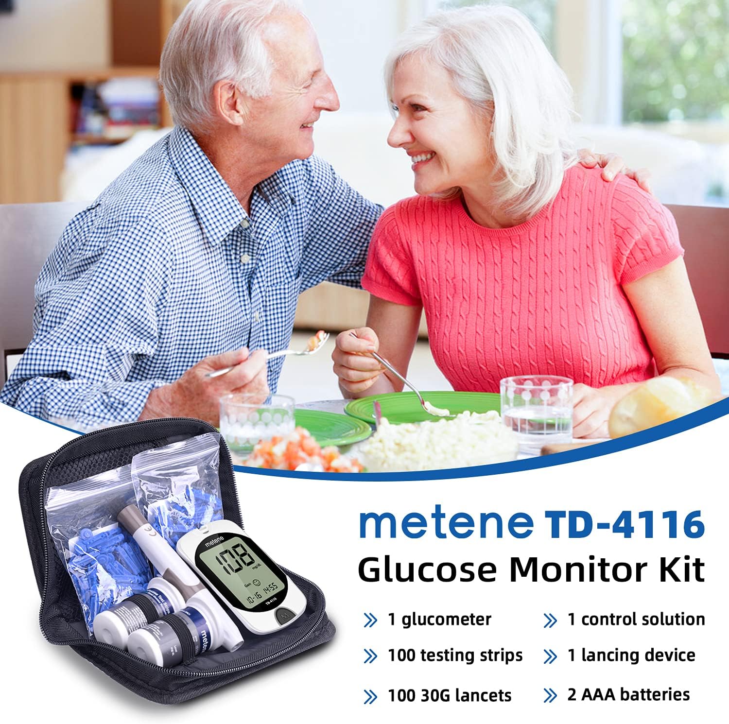 Metene TD-4116 Blood Glucose Monitor Kit, 100 Glucometer Strips, 100 Lancets, 1 Blood Sugar Monitor, Blood Sugar Test Kit with Control Solution, Lancing Device, No Coding, Large Display